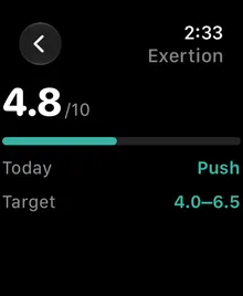 Pulse Coach Apple Watch exertion screen showing 4.8 out of 10 against a target range of 4.0 to 6.5