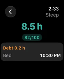 Écran Sommeil de Pulse Coach sur Apple Watch avec 8,5 heures de sommeil et la dette de sommeil